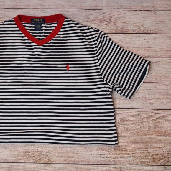 Polo Ralph Lauren Navy striped v-neck with red trim - Picture 1 of 5